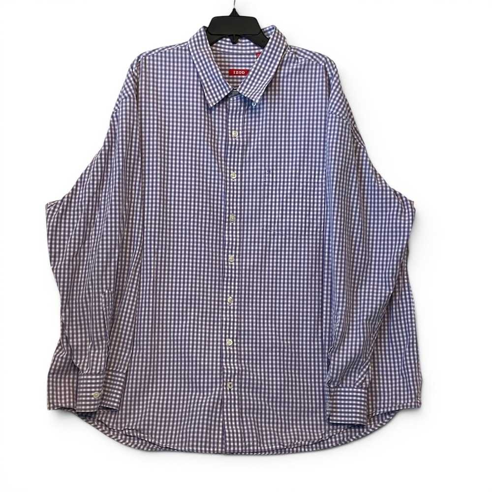 IZOD Button Down Shirt 3XL Purple Mens Gingham Long Sleeve Pocket *READ*